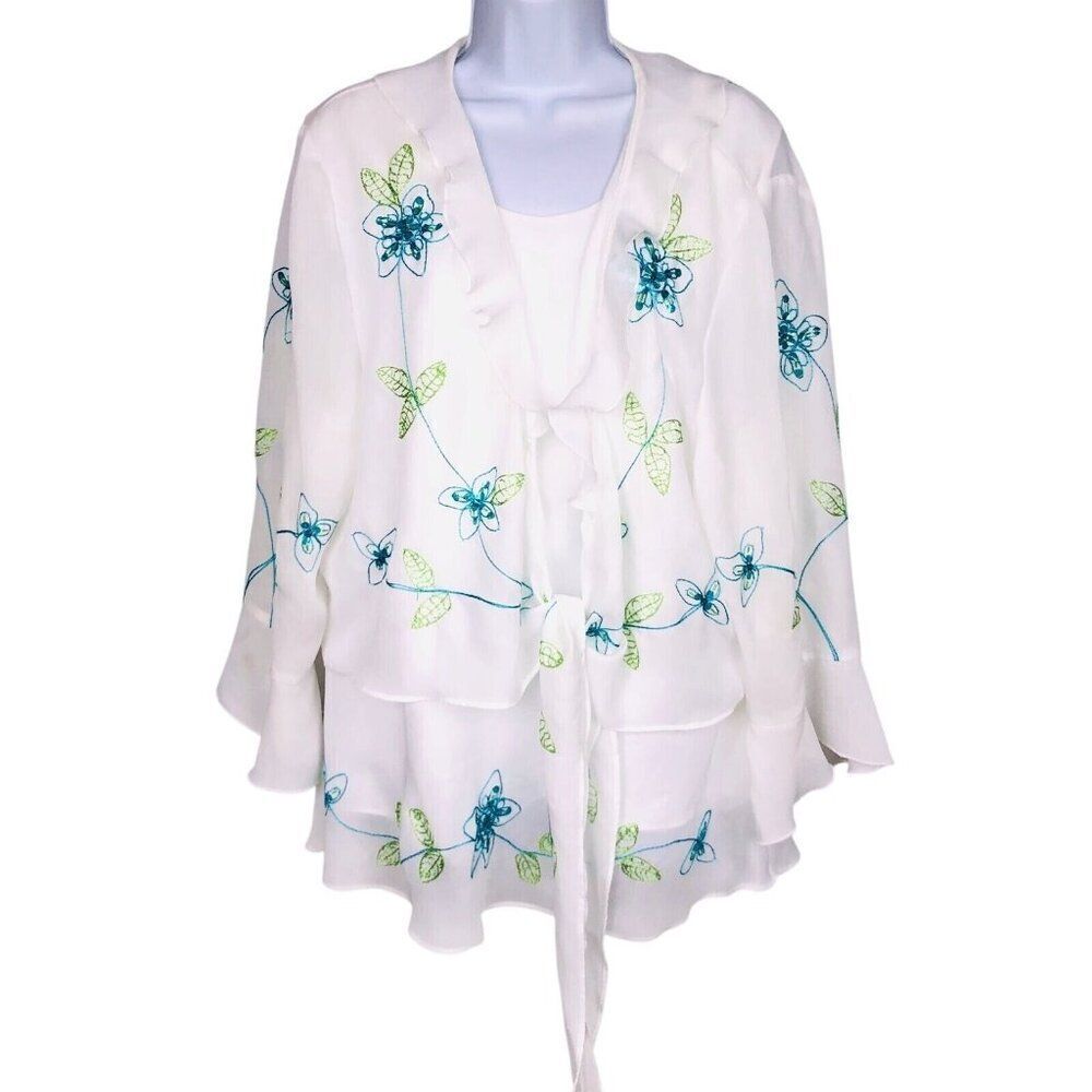 Dressbarn White Sheer 2 Piece Tank Top Blouse Womens 14 Sleeveless Blue Floral